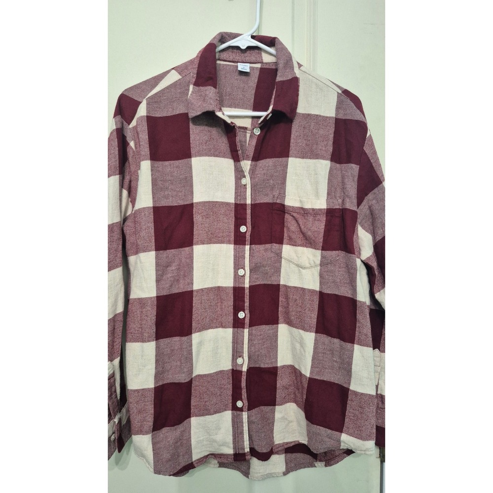 Old Navy Womens Burgundy Cream Buffalo Plaid Flannel Button Down Shirt Size M